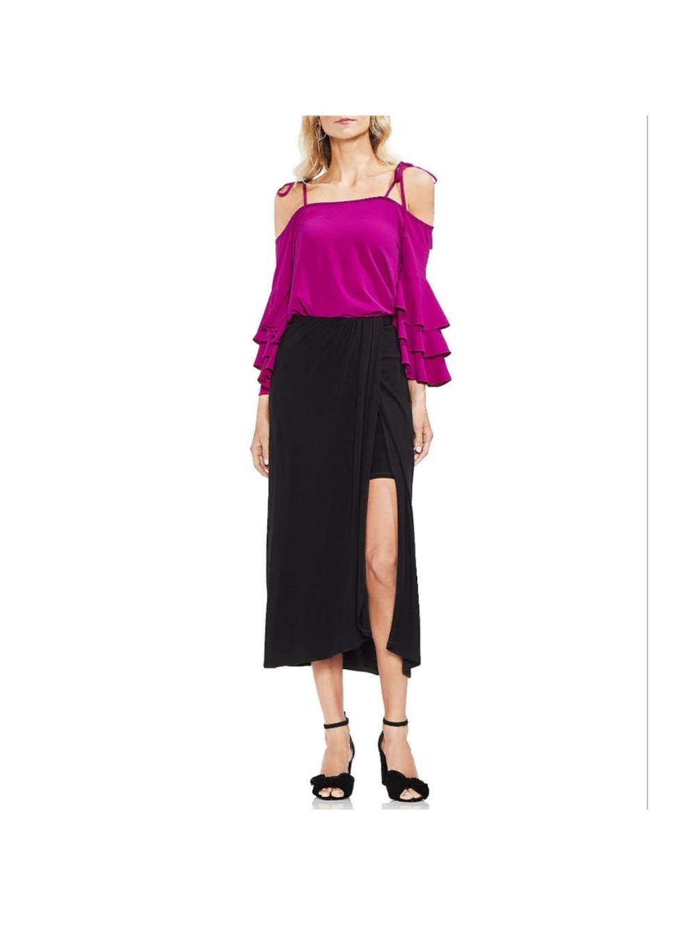 Lulu's Magenta Cold-Shoulder Top with Black Midi Wrap Skirt Size Small